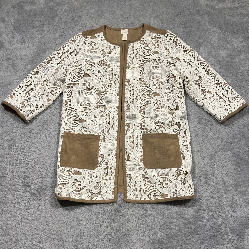Chico's Topper Jacket Floral‎ Lace Faux Suede Tan White Womens Size 1 (M)